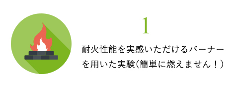 １、耐火性能を実感いただけるバーナーを用いた実験（簡単に燃えません！） 